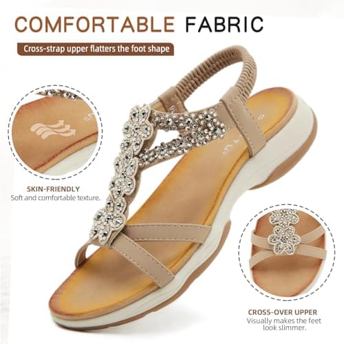 ZDQ Sandals for Women Summer Ladies Bohemian Flat Sandals with Rhinestone Comfortable Arch Support Slip On Holiday Sandals Beige 6.5 — view 6