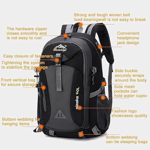 FSSPLJHYJ Trekking Backpack 40 Litres Large Volume Lightweight Waterproof Multifunctional for Mountain Travel Hiking Camping School with Rear Ventilation Men Women Black — view 3