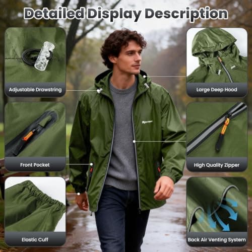 SOPPY Waterproof Rainsuit Jacket Pants Suits for Men Women, Hooded Rain Jacket Waterproof Coat with Trousers, Packable Raincoat Sets with Carrying Bag for Fishing Hiking Camping (Army Green, L) — view 3