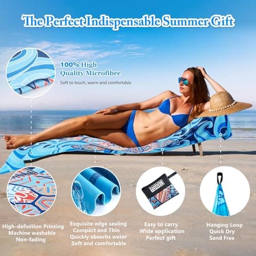 Large Microfibre Beach Towel for Adult,160x90cm Double Side Sand Free Beach Towel,Blue Striped Lightweight Quick Dry Travel Swim Towel with Bag,Compact and Thin Sports Towel Yoga Gym for Women Men — view 3