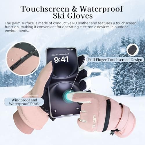 Feelorna Waterproof Ski Gloves for Women, Winter Plush Lining Thermal Touchscreen Gloves with Zip Pocket, Windproof Anti-slip Warm Snow Glove for Skiing Bike Motorcycle Cycling (pink) — view 4
