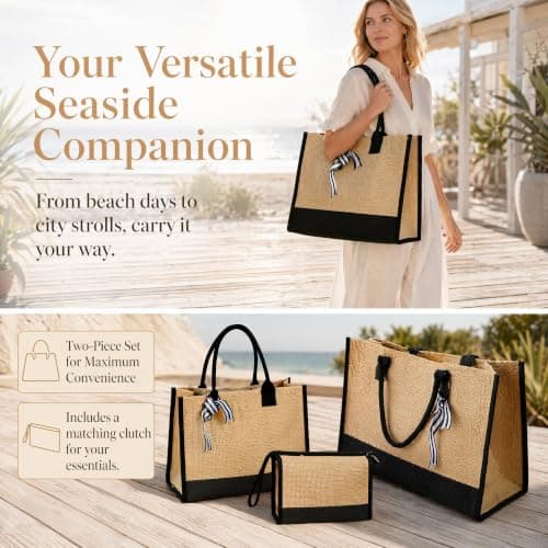 Jute Canvas Tote Bag, Large Capacity Travel, Reusable Shoulder Handbag, Foldable Waterproof Shopping, DIY Jute Beach Tote with Cosmetic Bag for Wedding, Birthday, Holiday, Beach (B1) — view 4