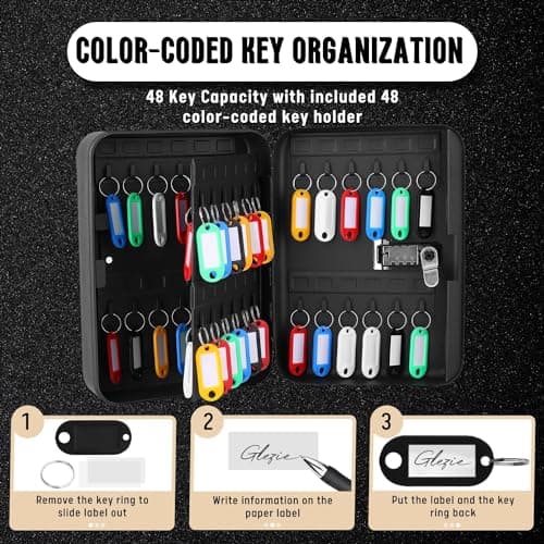 Flexzion Key Box Wall Mount With Code - Black Key Cabinet Lock Box Key Storage Box Wall Mount with Combination Lock, Secured Key Organizer Box with 48 Colored Key Holder for Homes, Office, Apartments — view 6