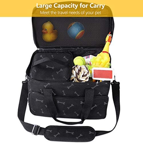 Zwini Dog Travel Bag Washable Storage Supply Tote Thermal Bag with Compartments, Foldable Feeder and Drinker (Black) — view 5