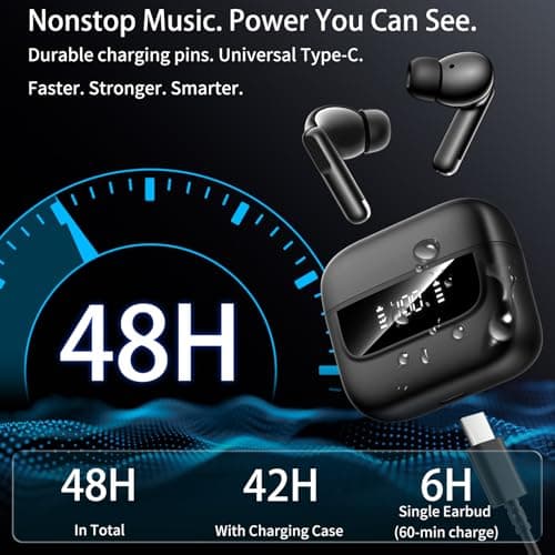 Wireless Earbuds, Bluetooth 5.4 In Ear Headphones 6 Mic ENC Noise Cancelling Clear Calls Stereo Deep Bass Ear Buds 48H Playtime Earphones LED Power Display IPX7 Waterproof for Android iOS Bright — view 5