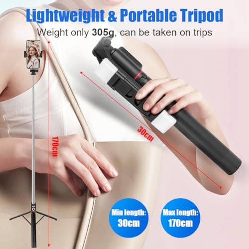 Adiwo Mobile Phone Tripods, 67''/170cm Extendable Selfie Stick with 2 Fill Lights, 3 in 1Portable Travel Phone Holder, with Detachable Wireless Bluetooth Remote, Compatible with Android, IOS (Black) — view 2