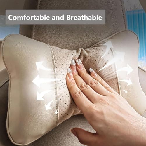 2 Pieces Car Neck Pillows for Lexus ES Sedan ES Hybrid/ES 200 /ES 240, Ergonomic Memory Foam Neck Support Cushion Pillow PU Leather Seat Head Neck Rest Cushion for Travel Driving, C/Beige — view 4