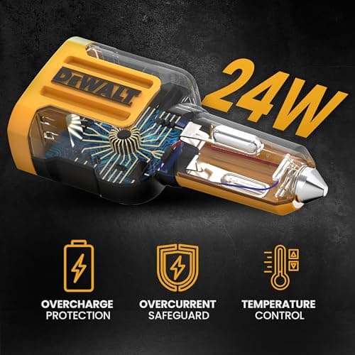 DEWALT Heavy Duty 24W USB Car Charger Adapter, Cigarette Lighter Adapter USBA Charger, Fast Charging Car Lighter USB Adapters, Cell Phone Automobile Chargers for iPhone, Samsung Galaxy, iPad — view 4