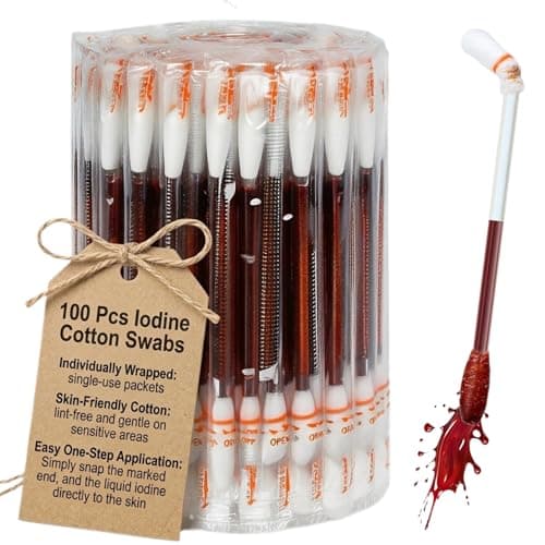 FOMIYES 100 Pieces Disposable Iodine Cotton Swabs, Individually Wrapped Iodine Swabs, Disinfection Cotton Sticks Buds for Scrapes,Cuts, First Aid, Travel & Emergency Use