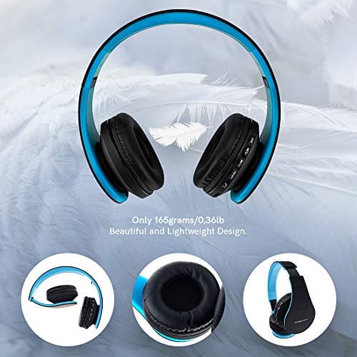 PowerLocus Wireless Bluetooth Over-Ear Stereo Foldable Headphones, Wired Headsets Noise Cancelling with Built-in Microphone for iPhone, Samsung, LG, iPad (Black/Blue) — view 3
