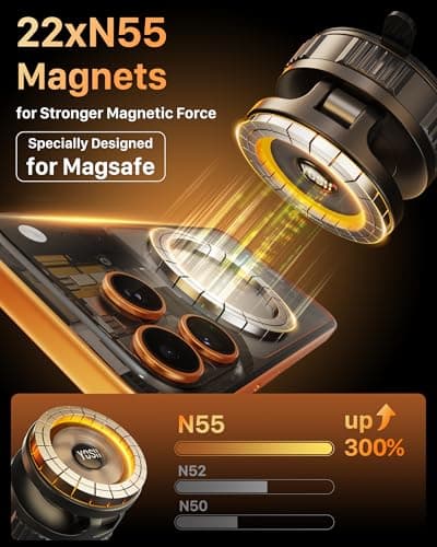YOSH Vacuum Magnetic Phone Holder, [22×N55 Magnets & 54KG Vacuum] for MagSafe Car Mount, 360° Rotatable Base & Foldable Arm for Dashboard Windscreen, for iPhone 17 16 15 14 13 Samsung Pixel — view 3