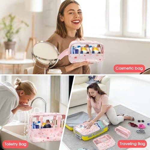 LOKIPA 3 PCS Clear Toiletry Bag,Travel Wash Bags Portable Waterproof Makeup Bags Handing Cosmetic Organizer for Traveling Men Women(Pink) — view 6