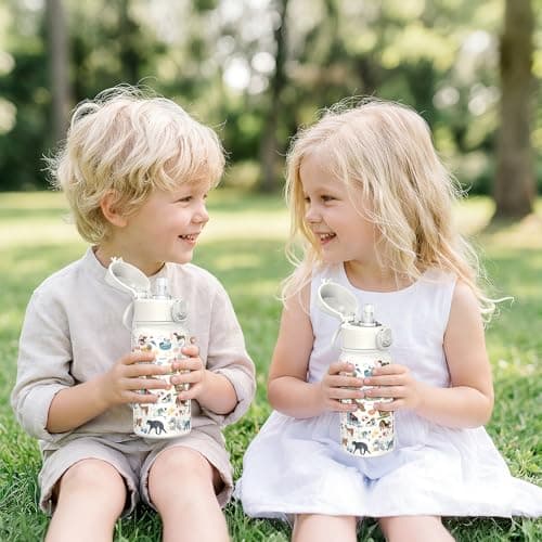 GOPPUS 350ml/12oz Kids Stainless Steel Water Bottle with Straw Toddler Drinks Bottle with Handle Small Insulated Bottles for Girls Boys School Cold Metal Flask with Flip Top Lid BPA Free (White Dog) — view 6