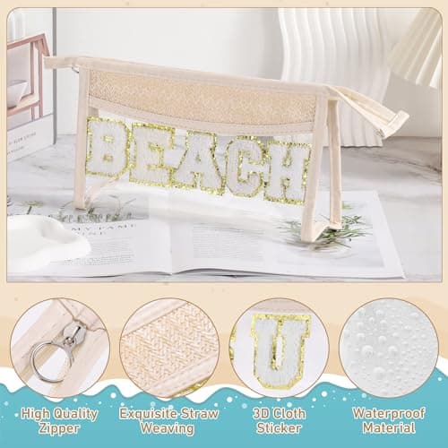 Etercycle Boho Patch Makeup Bag, Clear PVC Travel Toiletry Bag Waterproof Beach Bags for Women, Small Chenille Letter Bag with Zipper for Beach Travel Essentials (Beach) — view 3