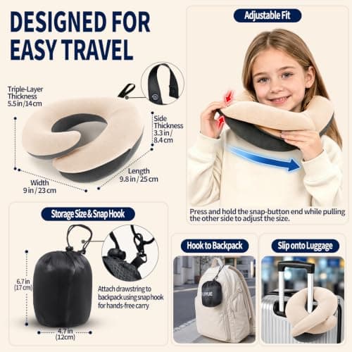 BUYUE Kids Travel Pillows for Airplane, 360° Head Support Sleeping Essentials for Boys Long Flight, Skin-Friendly Soft Neck Pillow for Traveling in Car Seat, (Small, Beige-grey, 40-90 lbs) — view 5