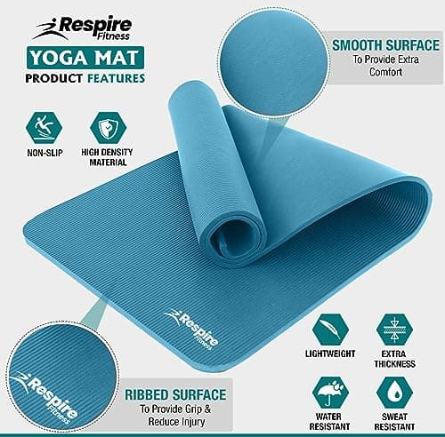 Respire Fitness Yoga Mat for Men and Women, 185 x 57 cm, Thick Cushion with Smooth and Ribbed Surfaces, Non-Slip Sweat Resistant Material for Pilates, Stretching, Fitness, and Meditation (Blue) — view 2