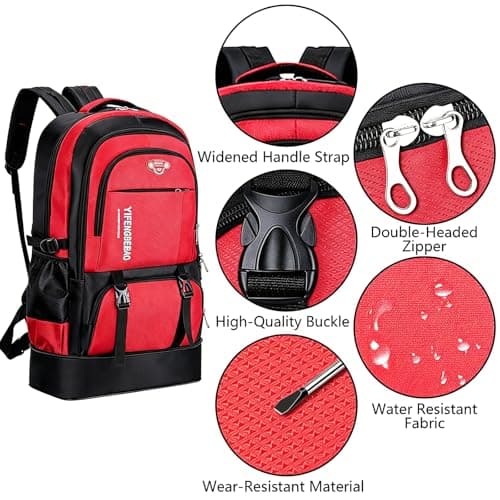 Wesoke 65L Hiking Backpack Expandable Travel Hiking Daypacks, Large Camping Backpack for Men Women, Foldable Lightweight Outdoor Sport Backpacking Backpack for Climbing Touringr, Red — view 3