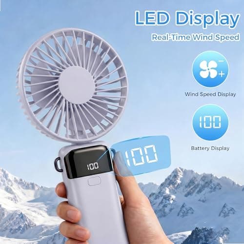 CNMTCCO Handheld Fan, Rechargeable Portable Fan with LED Display, 5 Speeds Mini Fan 90-Degree Foldable Hand Fan, USB Desk Fan for Home Office Bedroom Outdoor Travel (Purple) — view 4