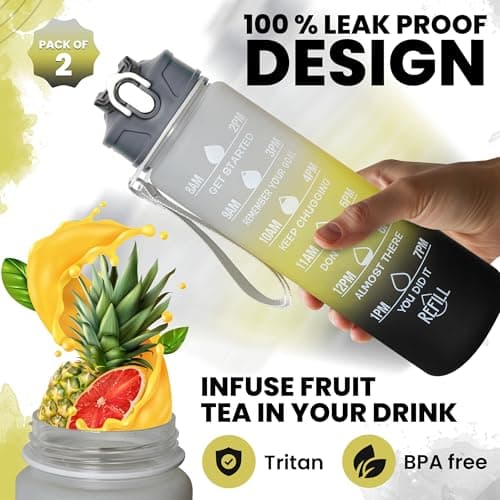 Pack of 2 Water Bottle with Straw 750ml – Leakproof BPA Free Sports Water Bottle for Gym, School & Travel – Motivational Drinking Bottle with Time Markings for Kids & Adults (Black-Yellow/Grey, 750ml) — view 5
