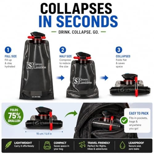 Foldable Water Bottles Set of 4 (2 Blue, 2 Black) – Collapsible, BPA Free, Leakproof, Lightweight Travel Bottles for Hiking, Gym & Everyday Use — view 3