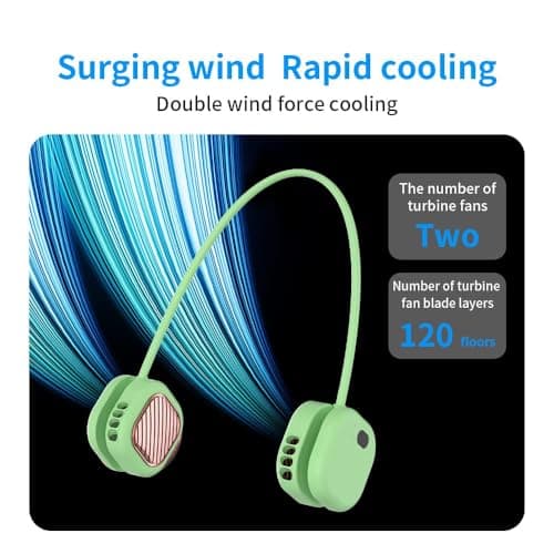 Foluu Rechargeable Neck Fan with 5 Speeds & Digital Display - Portable Hands-Free Personal Fan with 120 Blades Turbine, 360° Flexible Silicone, Ultra-Quiet 40dB - for Travel, Sports, Office (Green) — view 5