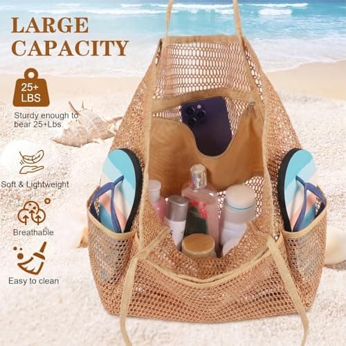 YLQQYL Beach Bag for Women, 4 Pack Large Nylon Mesh Tote with Inner Zipper Pocket, Foldable Sandproof Shoulder Handbag for Swimming Pool Travel (4, 2 Khaki+2 Beige) — view 5
