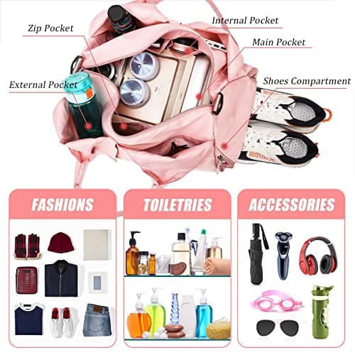 Gym Bag Womens, Yoga Mat Bag Sport Travel Bag with 2pcs Shoes Compartment, Waterproof Sports Gym Bag for Sport Travel Hiking (Pink) — view 3