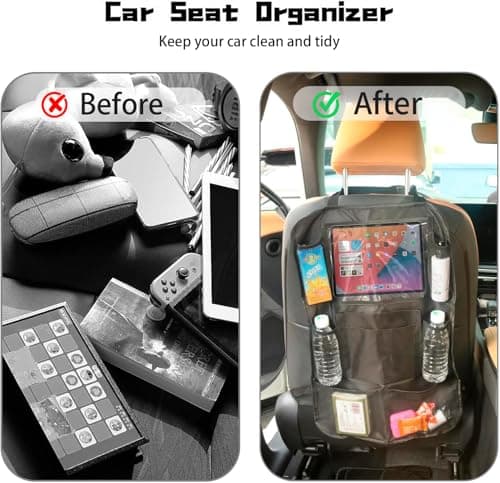 Aoeeki Car Organizer Back Seat Protector with Touch Screen Tablet Travel Accessories With 10 Storage Pockets Road Trip Essentials Kids Organize Toys Ipad Bottles Snacks Books, Black — view 4