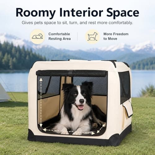 GOOGO Foldable Pet Carrier Bag for Cats & Dogs up to 12 kg, 60 x 42 x 42 cm, Soft Dog Travel Crate with Cushion, Oxford Fabric Steel Frame, 4-Side Mesh, Dog Car Carrier for Home, Camping (Beige) — view 4