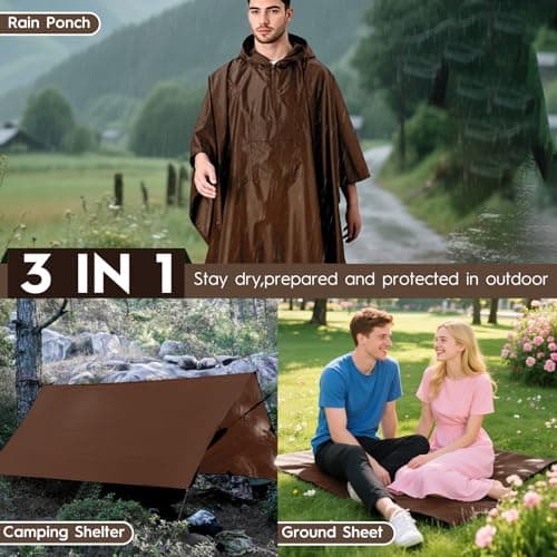 Bruvoalon 3-in-1 Rain Poncho with 1/4 Zip & Chest Pocket, Waterproof, Sunshade, Ground Mat for Adults & Youth Emergency, Brown, M — view 2