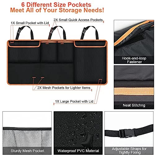 URAQT Car Boot Organiser Waterproof Kick Mats Seat Back Protectors, Travel Durable Foldable Multi-Pocket Children's Cargo Net Storage for Car Backseat Cover (100x45cm) — view 3