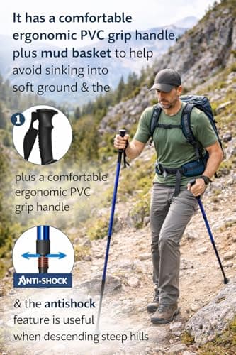 2 x Adjustable Hiking Trekking Poles (65cm–135cm) with Anti-Shock System, Ergonomic PVC Grip, Mud Basket & Durable Rubber Tip – Lightweight Aluminum Walking Poles for Hiking, Trekking & Outdoor Trails — view 3
