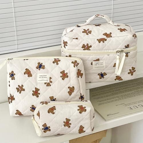 Aucuu 3PCS Coquette Makeup Bag, Quilted Makeup Bag for Women, Floral Cotton Cosmetic Bag Set, Large Capacity Aesthetic Floral Toiletry Bag, Travel Toiletry Bag, Wash Organizer Pouch for Women Girls — view 3
