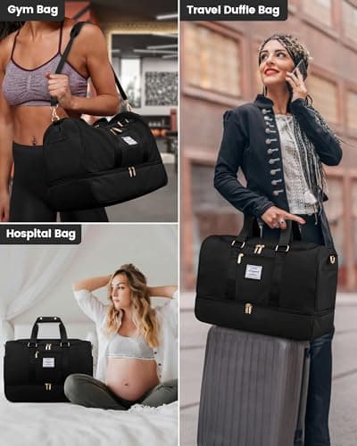 LOVEVOOK Travel Bags for Women, 50L Large Weekend Overnight Holdall Hospital Bags with Toiletry Bag, Shoe Compartment & Wet Pocket, Waterproof Cabin Carry On Hand Luggage for Travel Gym Sports, Black — view 6