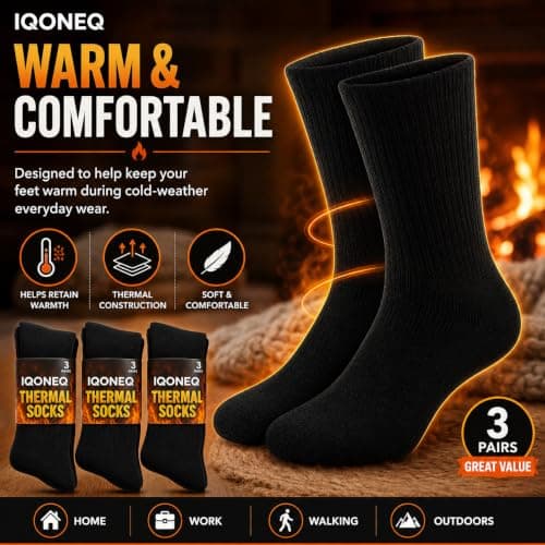 IQONEQ Thick Thermal Winter Socks - Pack of 3 Pairs - Warm, Insulated - For Men, Women and Kids - Adult Size 6-11 UK, Black, One Size — view 2