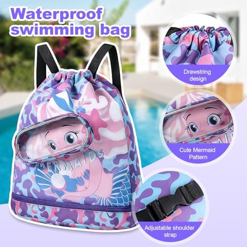 TOUKBEAU Mermaid Drawstring Bag with Swim Cap for Girls, Kids Storage Organizer for Toys & Travel, Multipurpose Beach Pool Bag with UPF50 Swimming Hat for Toddler Age 3-12 Years — view 4