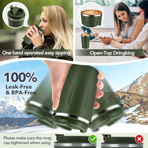 Volhoply 360ml 12oz Double Wall Insulated Vacuum Travel Coffee Mug with Flip Lid,Reusable Stainless Steel Leak Proof Coffee Cup,Cafe Thermal Tumbler Suitable for Hot&Cold Drinks(Army Green,1 Set) — view 6