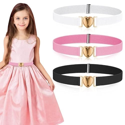 Firtink 3 Pack Girls Elastic Belts, Adjustable Kids Belt with Heart Buckle