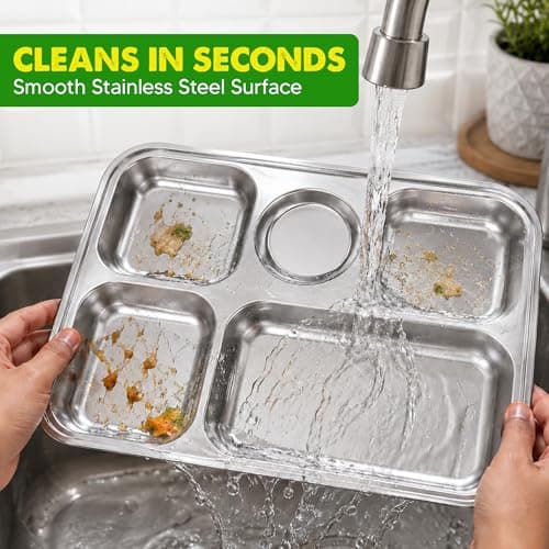 BMLIMITED BML Stainless Steel 5 Compartment Meal Tray Reusable Divided Plate with Sauce Section Portion Control Food Serving Tray for Adults Kids School Lunch Camping Picnic and Home Use — view 4
