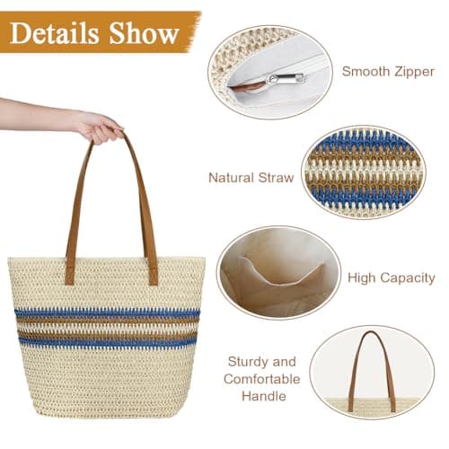 Aucuu Straw Shoulder Bag, Straw Bag for Women, Beach Bag, Large Zippered Handbag Tote Bag, Bohemian Summer Handheld Shoulder Bag for Outdoor Travel and Beach (Off White) — view 5