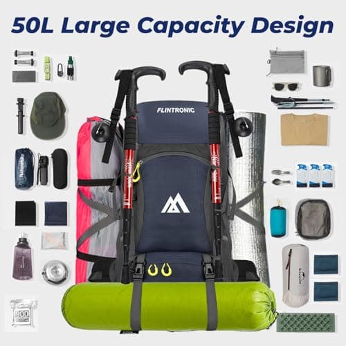 flintronic 50L Backpack, Ultra Lightweight Large Capacity Hiking Backpack, Waterproof Foldable Rucksack for Men Women Hiking Travelling Camping Outdoor Sports (Blue) — view 4