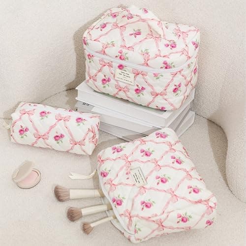 Aucuu 3PCS Coquette Makeup Bag, Quilted Makeup Bag for Women, Floral Cotton Cosmetic Bag Set, Large Capacity Aesthetic Floral Toiletry Bag, Travel Toiletry Bag, Wash Organizer Pouch for Women Girls — view 3