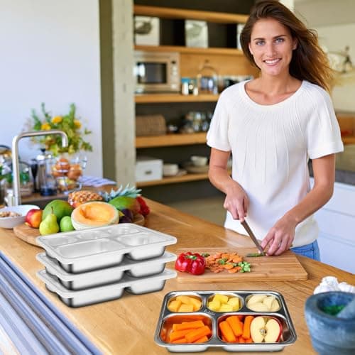 4 Pack Stainless Steel Divided Plates with Lids, 5 Compartments Lunch Boxes — view 6