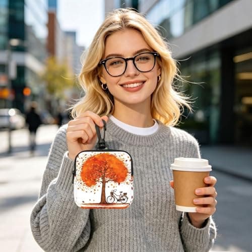 Mini Pouch with Carabiner, Neoprene Travel Makeup Bag with Zipper Tool Storage Pouch Autumn Tree with Aged Old Bike Coin Purse Portable Earbud Case Waterproof Card Holder Wallet for Women Men — view 6