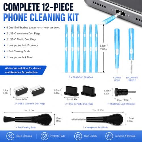 12 Pack Phone Cleaning Kit with USB-C Plugs & Dual-End Brushes — view 2