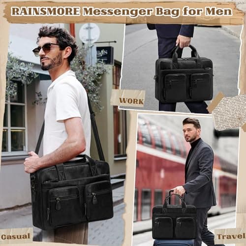 RAINSMORE Messenger Bags for Men Vintage Briefcase PU Leather Laptop Bag 15.6 Inch Satchel Bag for Work Business Office College Trip School Black/Brown/Dark Brown Black — view 2