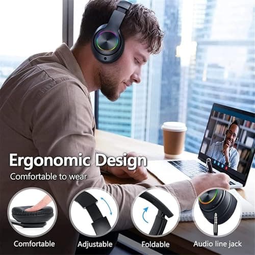 ZZOSRDR Bluetooth Headphones Over Ear, Foldable Lightweight Wireless Headset, Wireless Headphones with Built-in Mic, FM, SD/TF for Online Class, Office, PC, Phone — view 3
