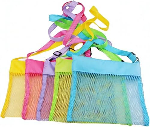 QIWEIQING 5-Pack Colorful Mesh Beach Bags, Mesh Beach Bags for Toys Sand Away Tote with Zipper for Child Swim Pool Travel Sandy Shoes Wet Towels. Yellow, Rose Red, Purple, Green, Blue(5-Pack)