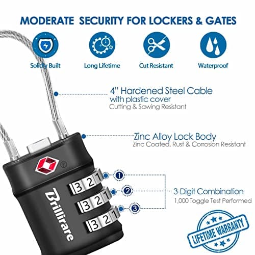 2 Pack TSA Approved Luggage Locks, Combination Travel Cable Lock, 3-Digit Waterproof Padlock, Zinc Alloy Outdoor Keyless Resettable Lock for Travel, Lockers, Bags, Backpack, Gym, Gate-by BRILLIRARE — view 3