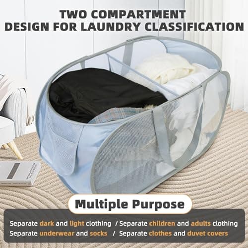 KIAYOO Collapsible Laundry Basket,Foldable Clothes Hamper 2 Compartments with Side Pocket Bag,Pop up Washing Bin Bag for Bathroom,Bedroom,College Dorm,Hotel,Travel,Grey — view 4